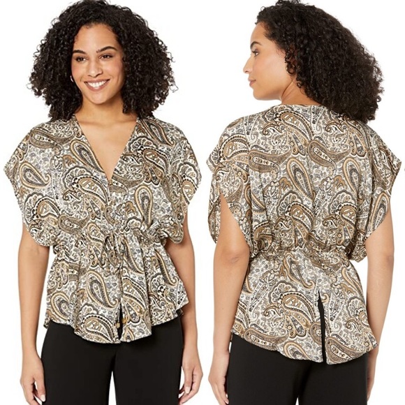 MICHAEL Michael Kors Satin V-Neck Paisley Print Dolman Sleeve Blouse - Picture 1 of 12